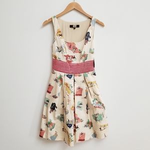 Eva Franco Peggy Novelty Print Dress Fit And Flare Pleated Navy States Sz 2 RARE